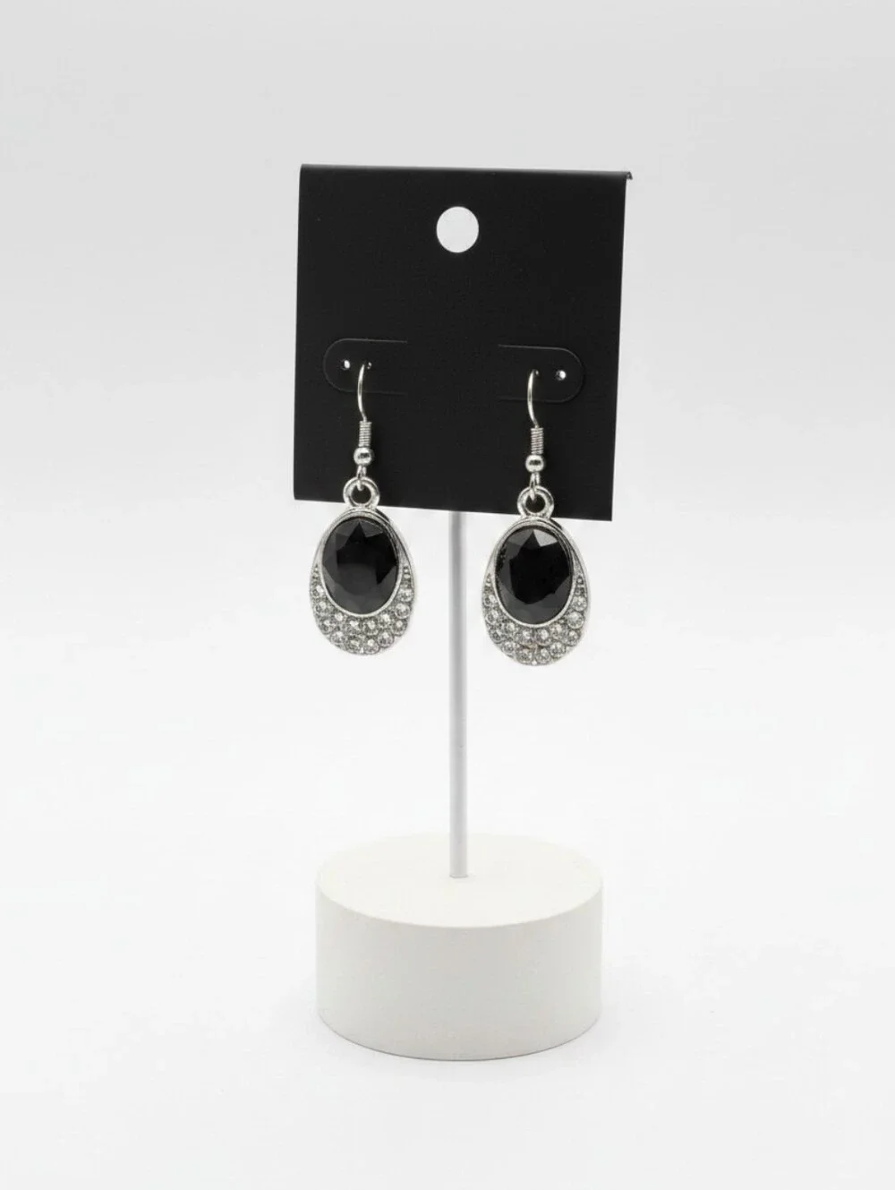 Black and Silver Teardrop Earrings with Filigree Design